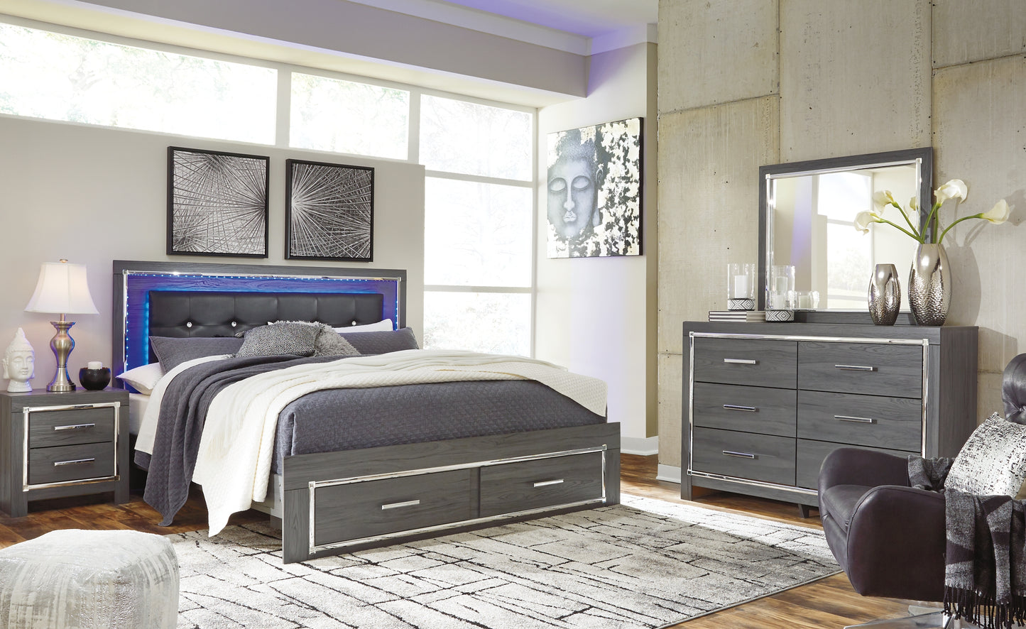 Lodanna  Panel Bed With 2 Storage Drawers With Mirrored Dresser