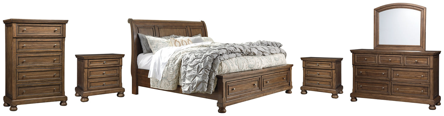 Flynnter  Sleigh Bed With 2 Storage Drawers With Mirrored Dresser, Chest And 2 Nightstands