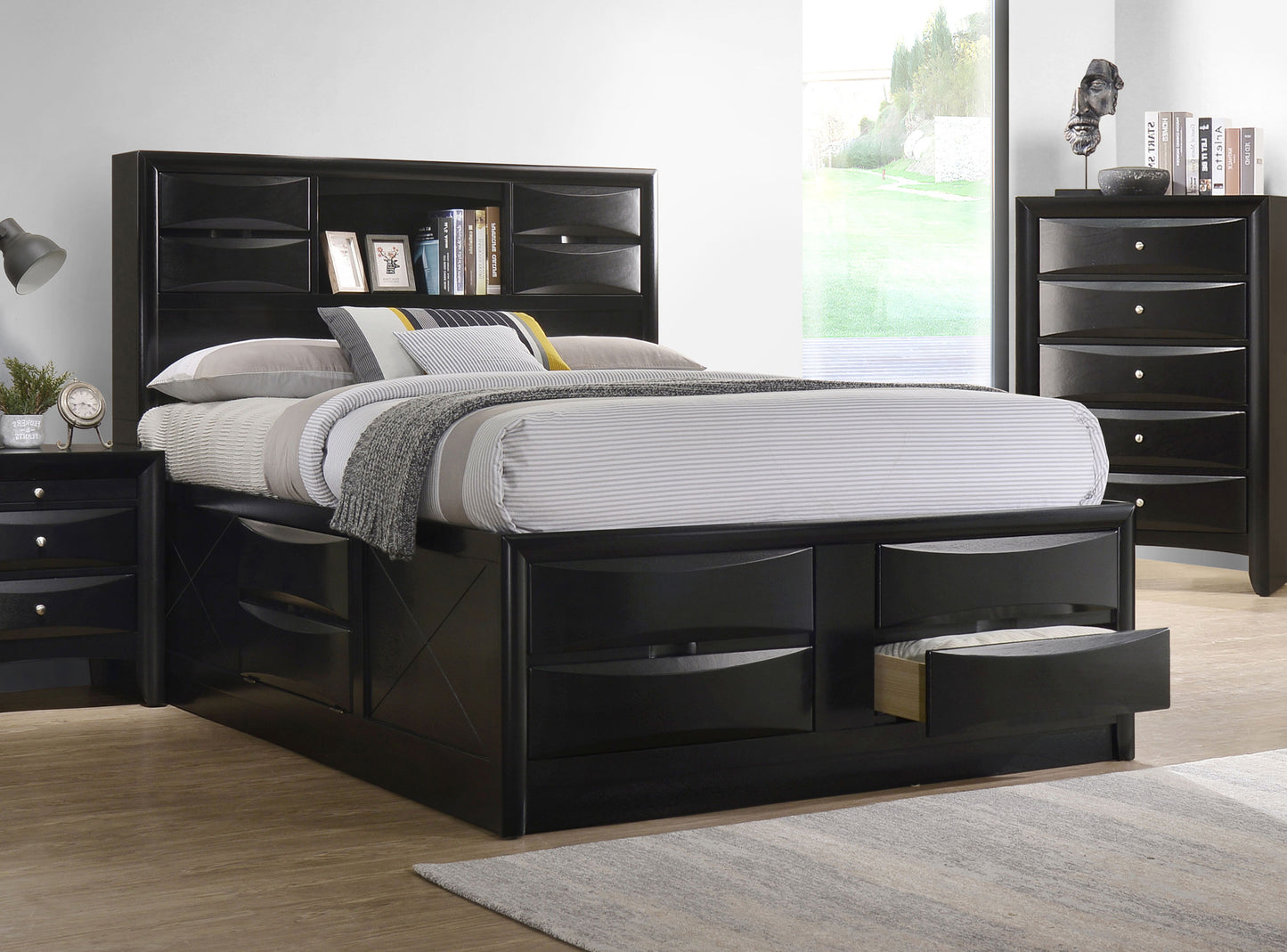 Briana Wood Queen Storage Bookcase Bed Black