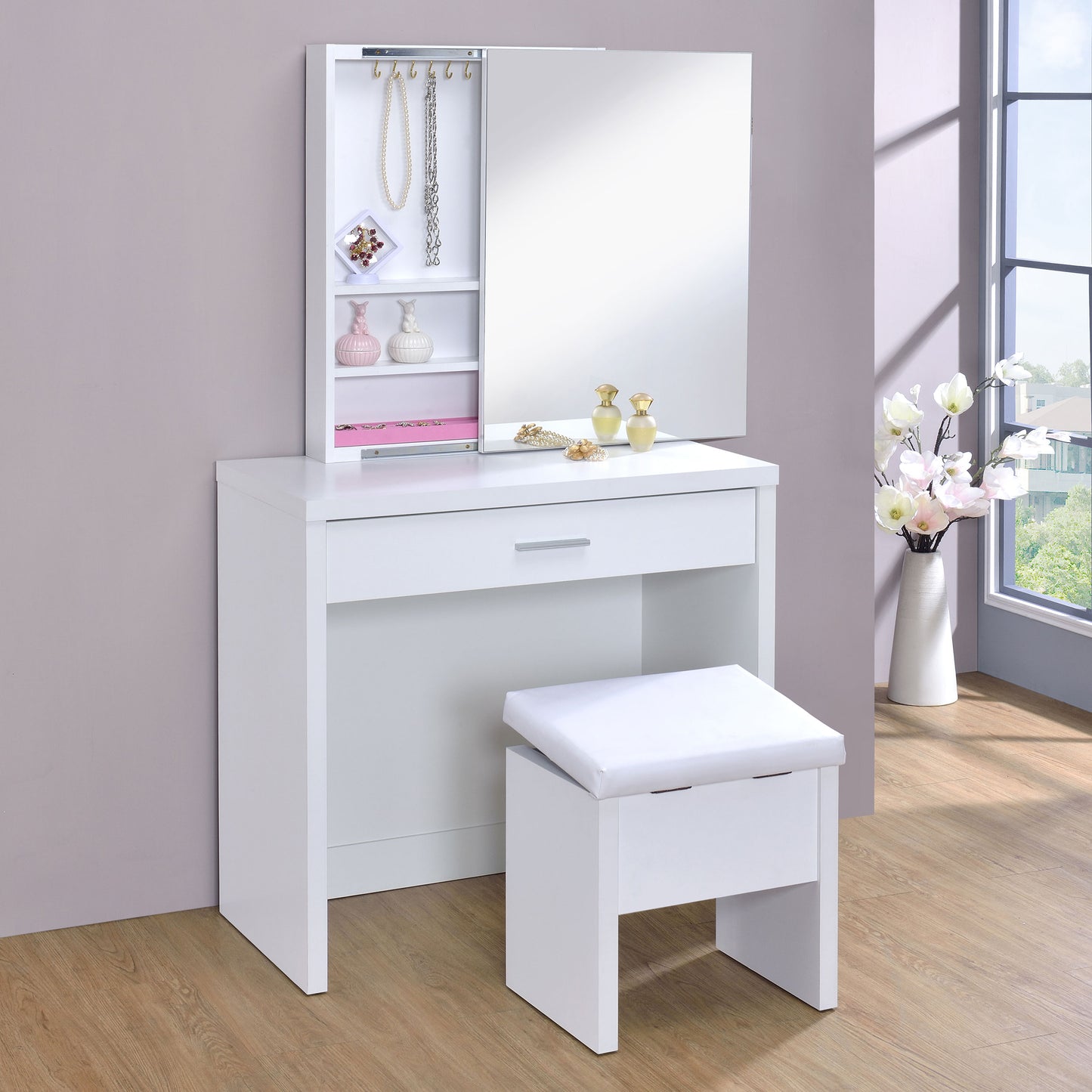 Harvey Vanity Set with Lift-Top Stool White