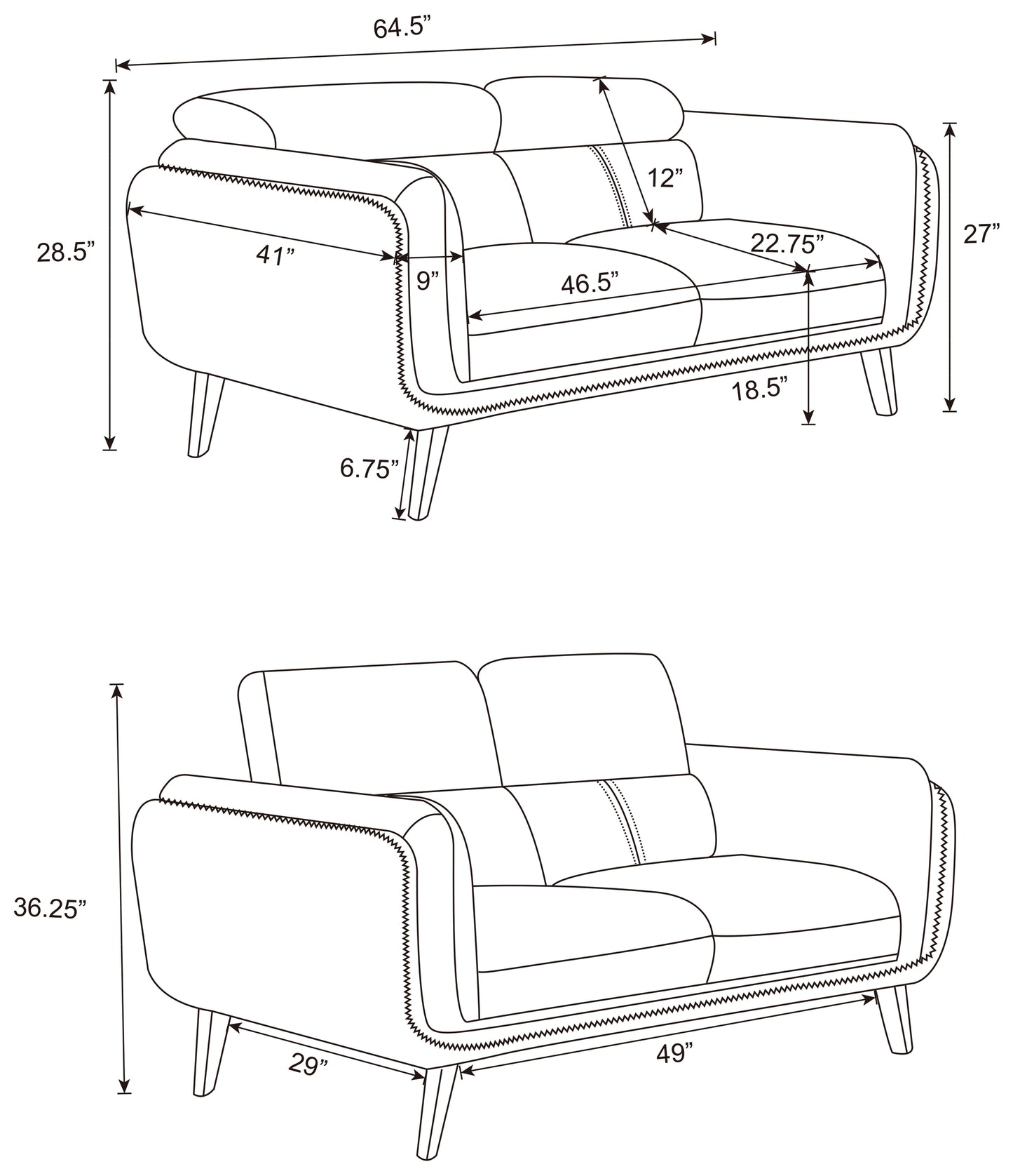 Shania 2-piece Upholstered Low Back Sofa Set Black