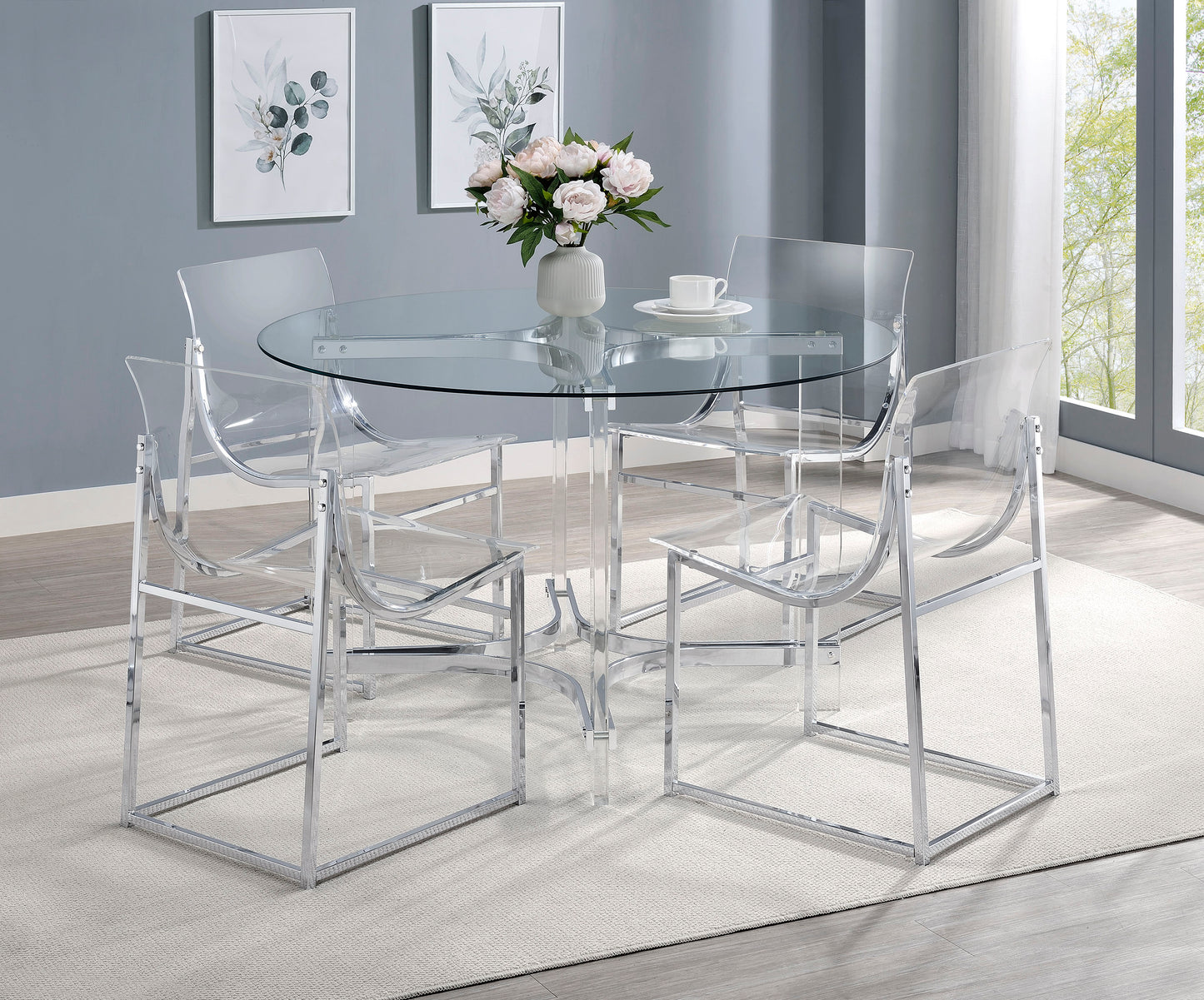 Keeling 47-inch Round Glass Top Acrylic Dining Table Chrome