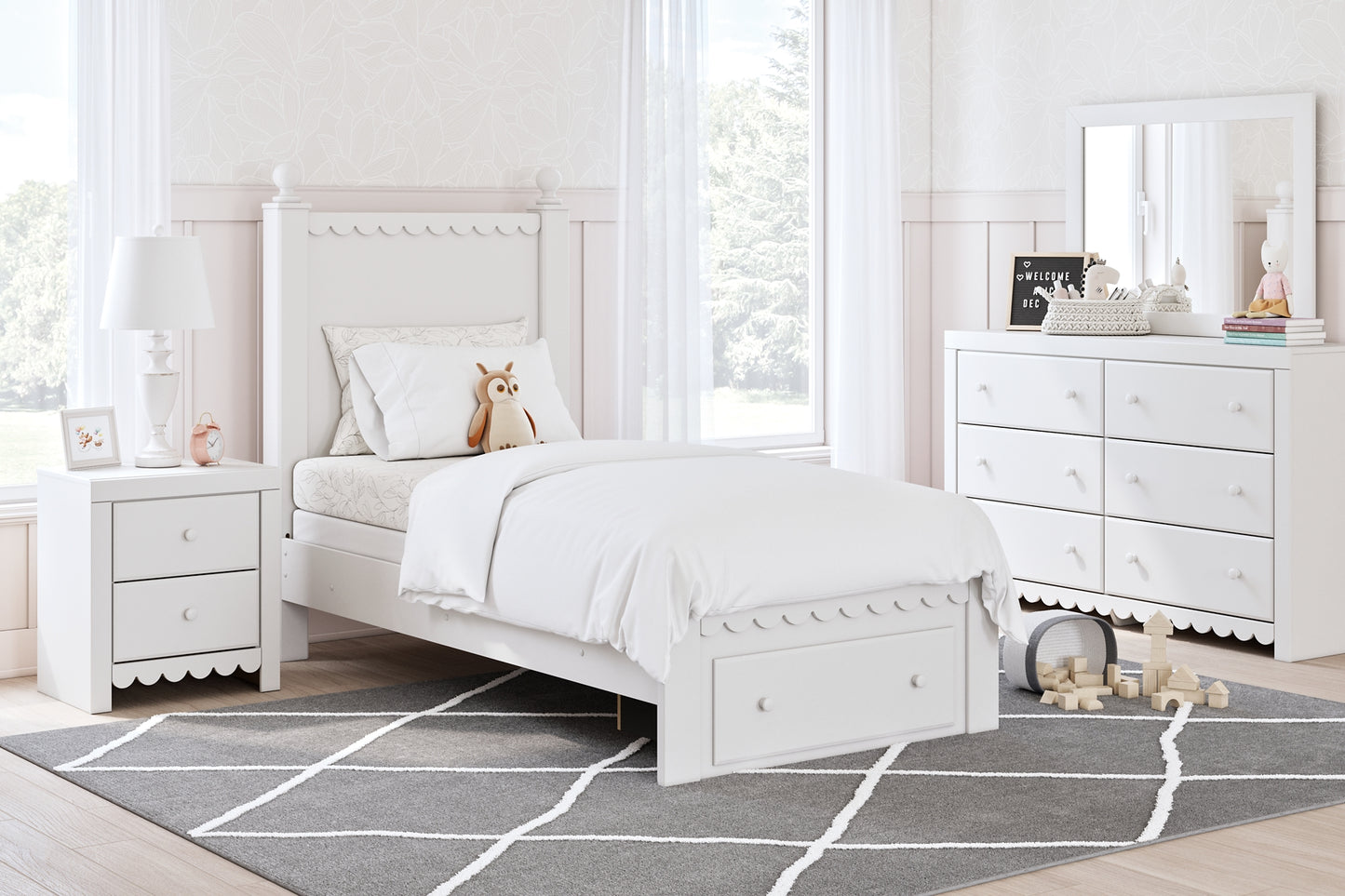 Mollviney Full Panel Storage Bed with Mirrored Dresser, Chest and Nightstand