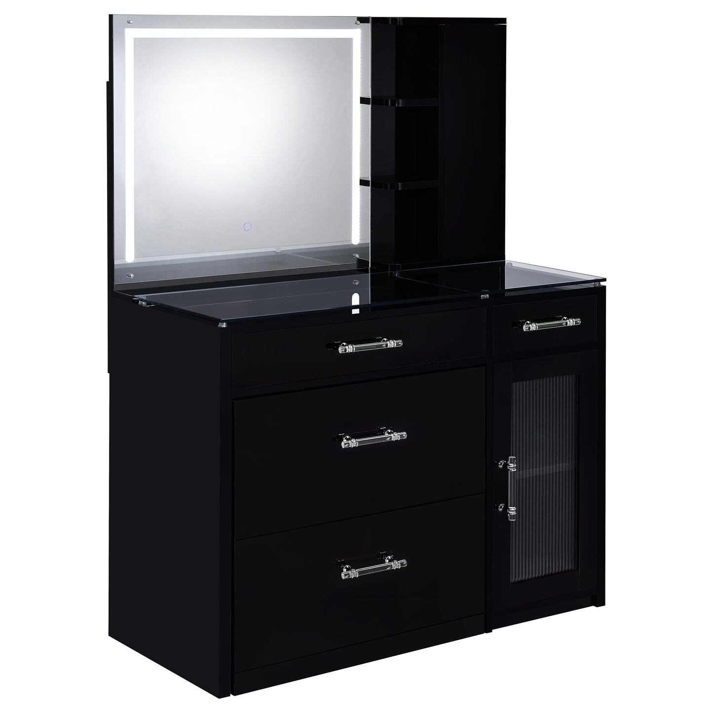 Flora 2-drawer Vanity Table Set LED Mirror and Stool Black High Gloss