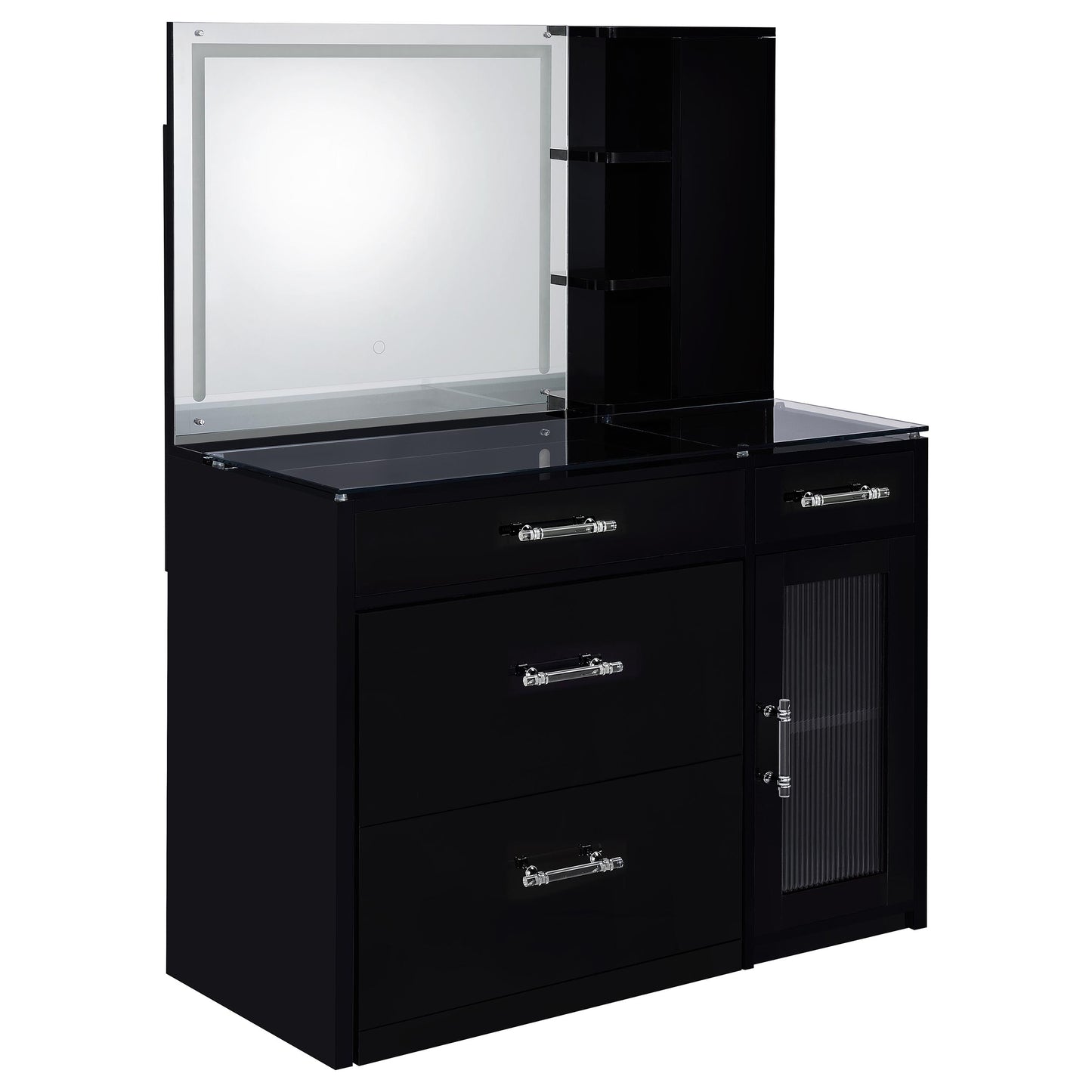 Flora 2-drawer Vanity Table Set LED Mirror and Stool Black High Gloss