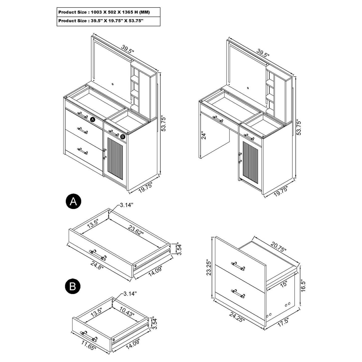 Flora 2-drawer Vanity Set with LED Mirror Black High Gloss