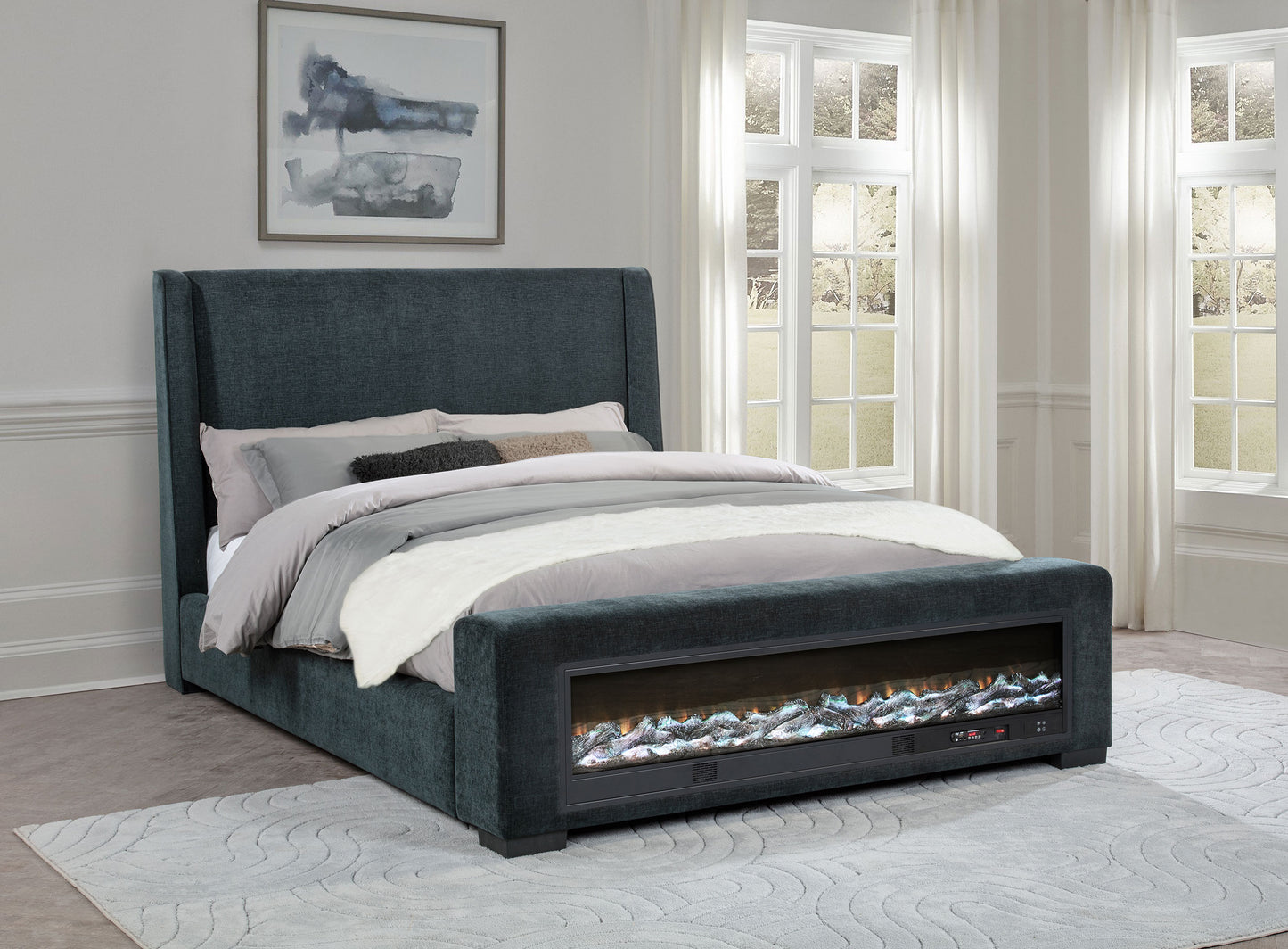 Preston Upholstered California King Audio Flame Visualizer Bed Blue