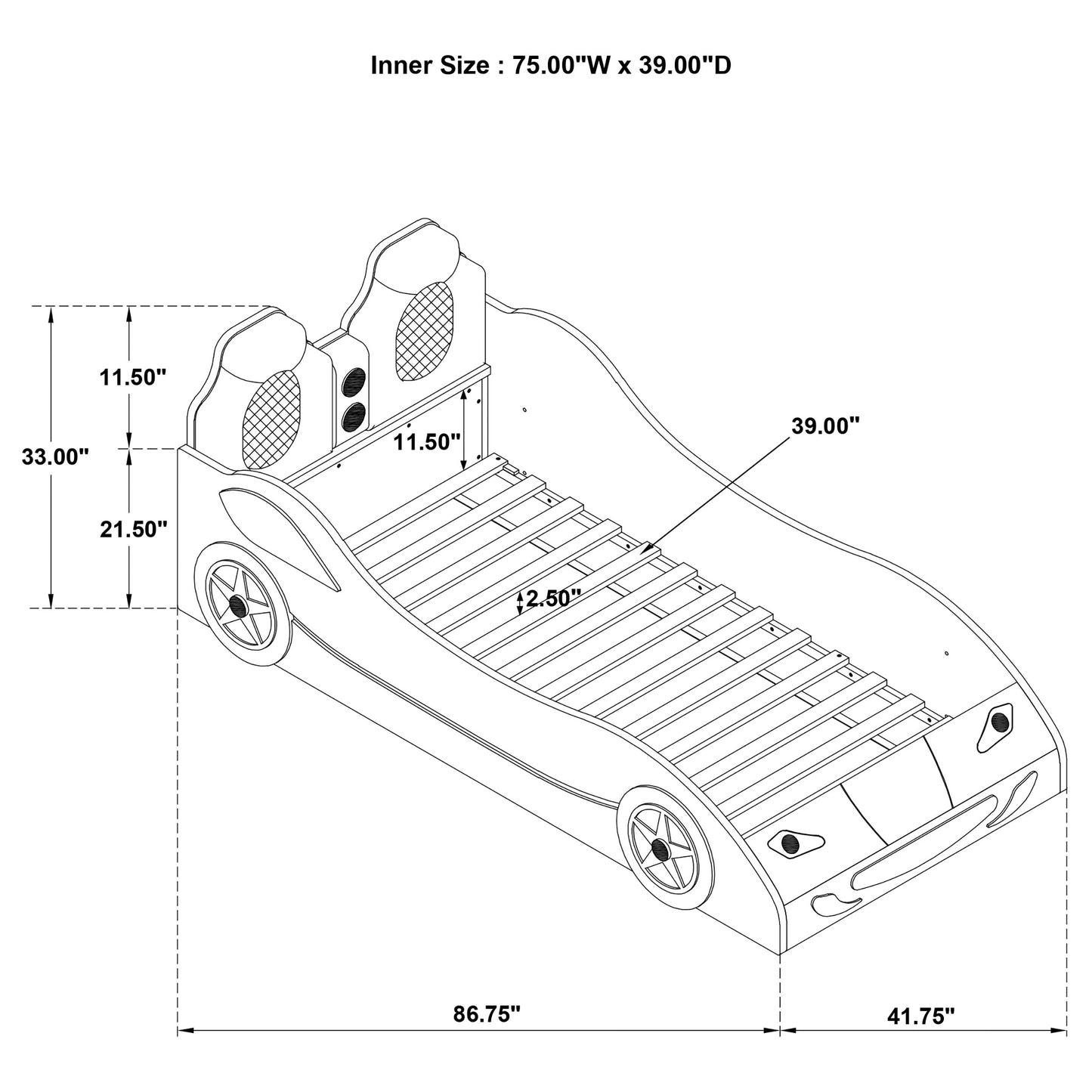 Cruiser Wood Twin LED Race Car Bed and 7-inch Mattress White