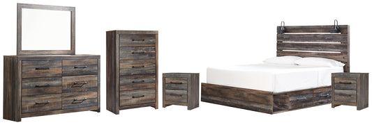 Drystan King Panel Bed with 2 Storage Drawers with Mirrored Dresser, Chest and 2 Nightstands