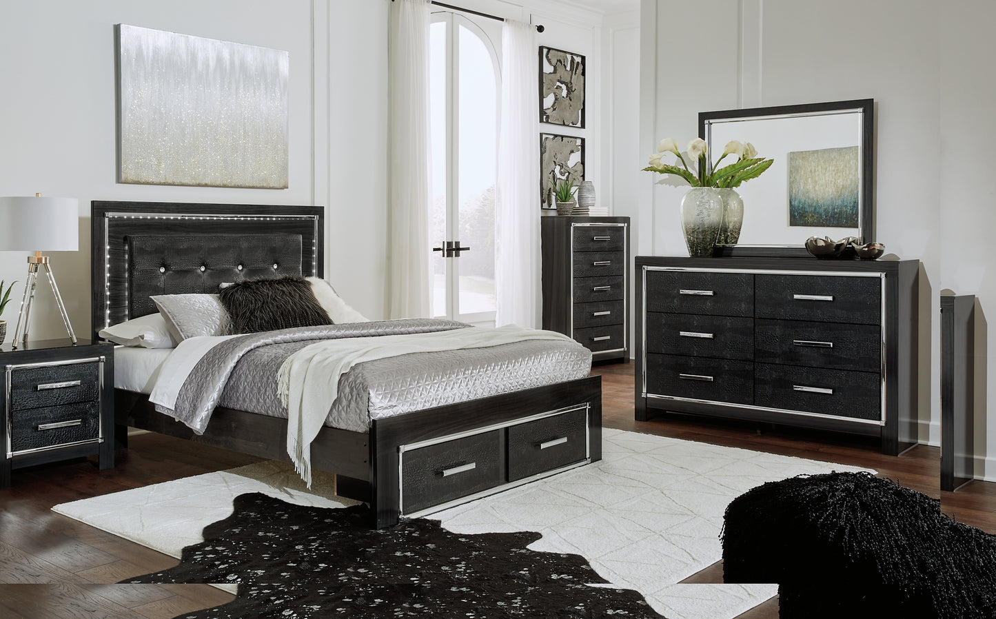 Kaydell Queen Panel Bed with Storage with Mirrored Dresser, Chest and Nightstand