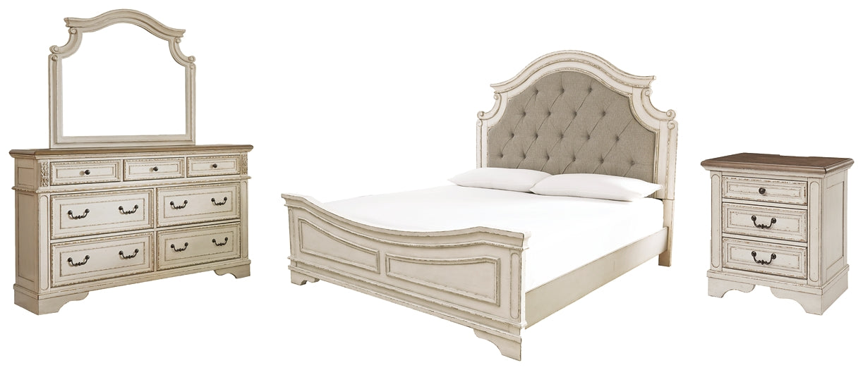 Realyn King Upholstered Panel Bed with Mirrored Dresser and Nightstand