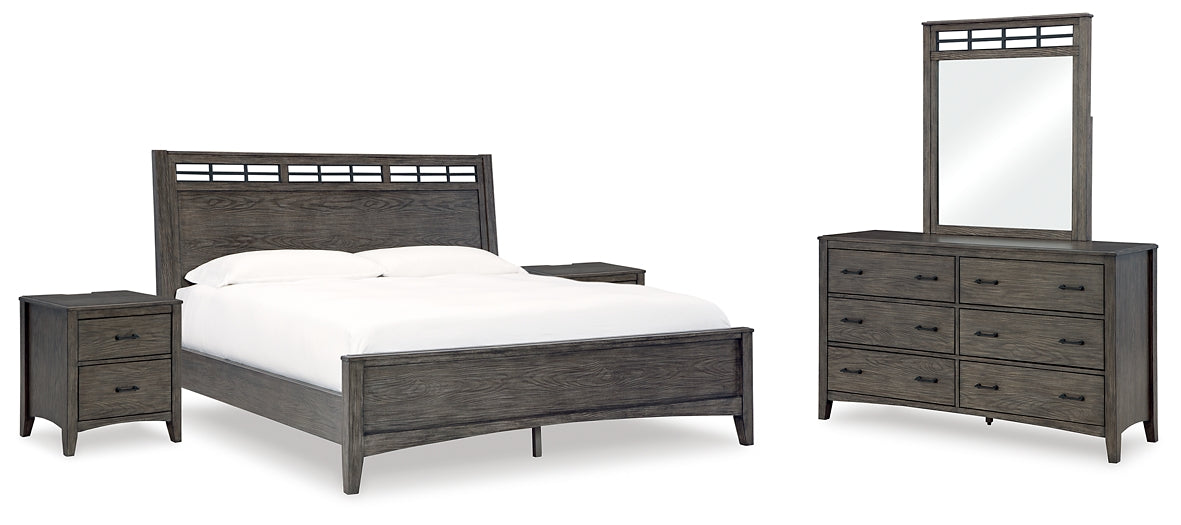 Montillan King Panel Bed with Mirrored Dresser and 2 Nightstands