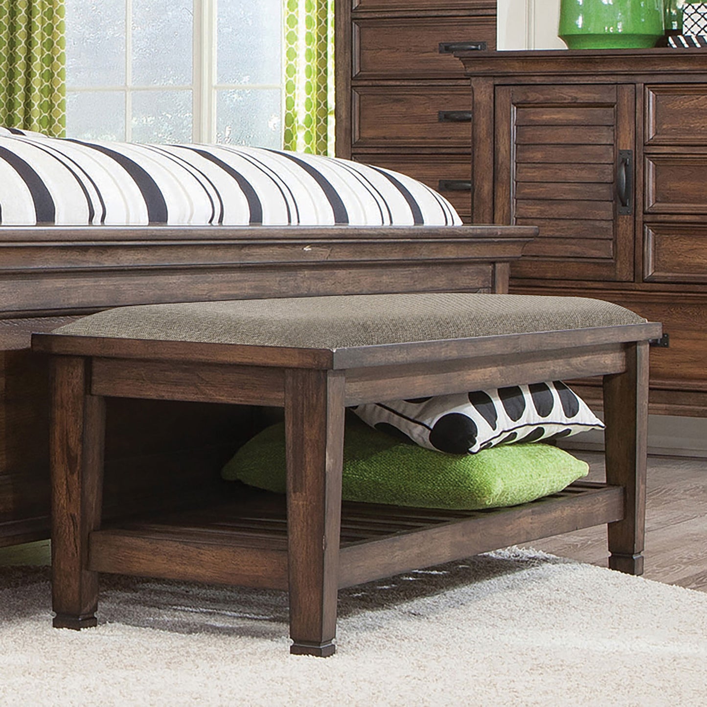 Franco Fabric Upholstered Bench with Shelf Burnished Oak