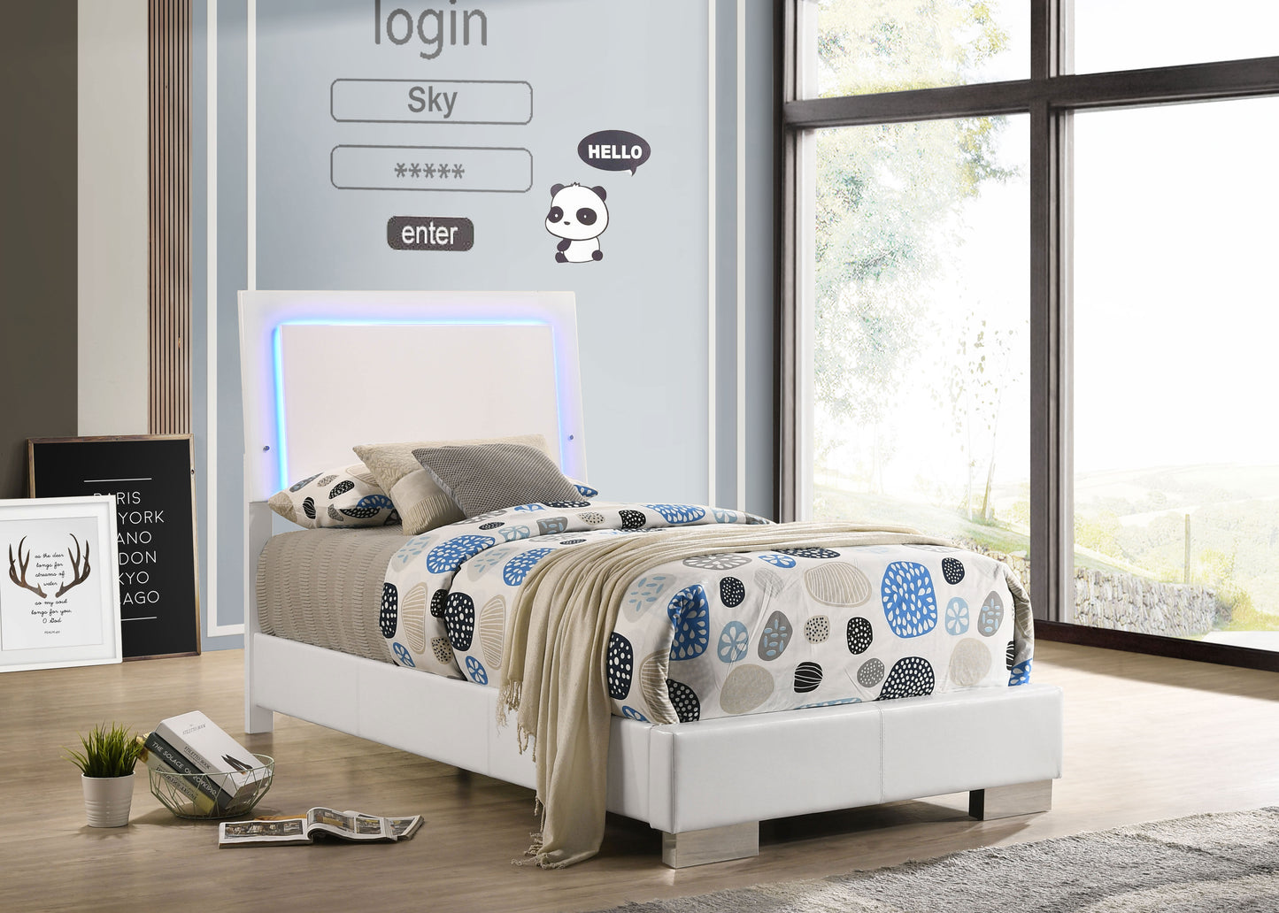 Felicity Wood Twin LED Panel Bed White High Gloss