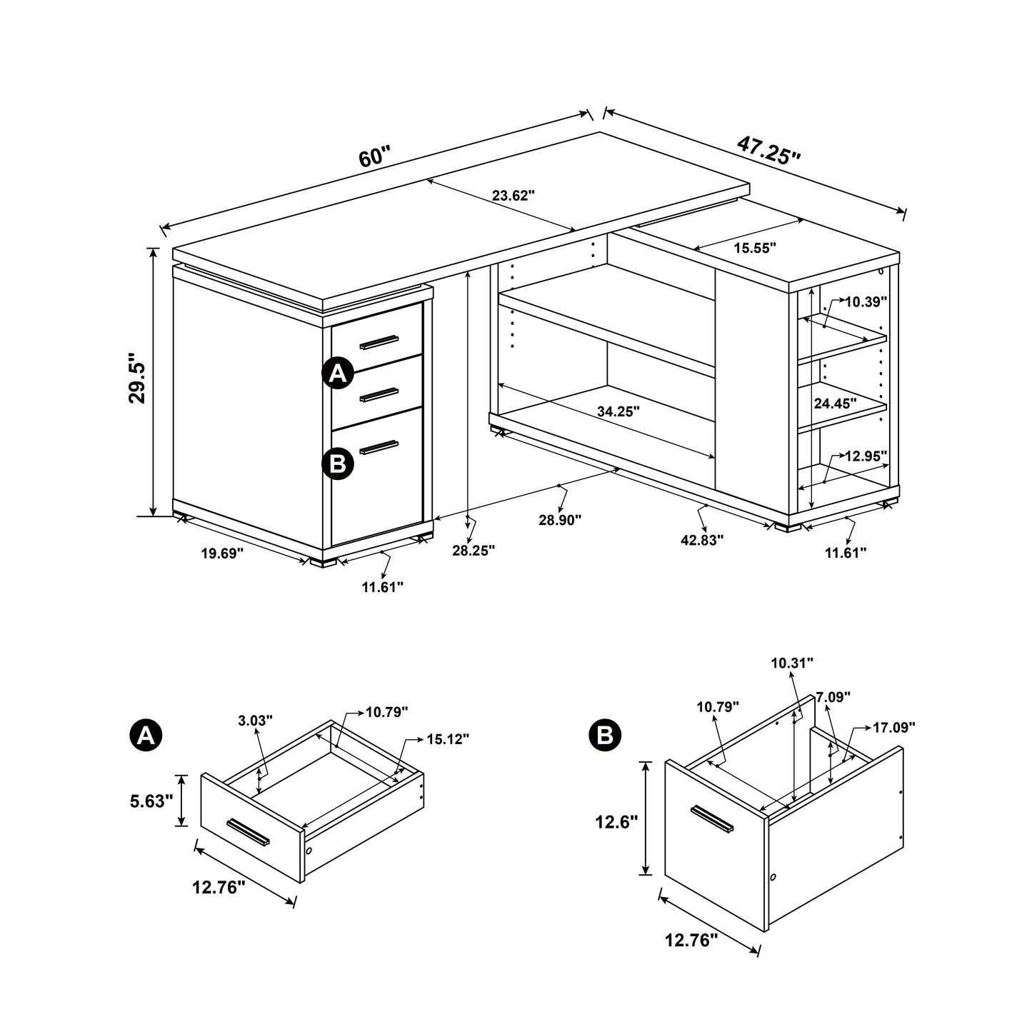 Yvette 60-inch 3-drawer L-Shape Computer Desk Cappuccino